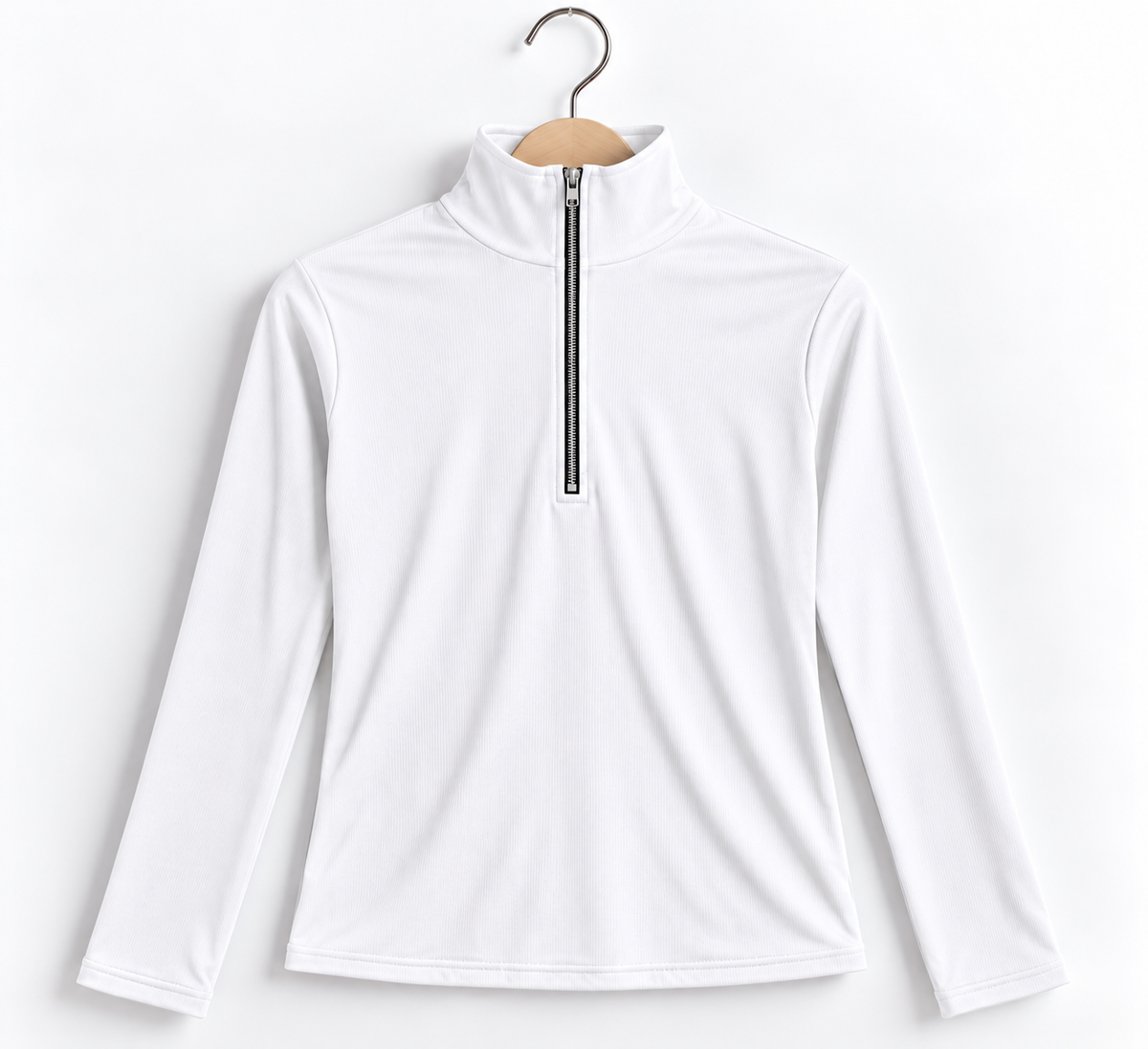 Zipper Mock Neck Full Sleeve Ribbed Top White