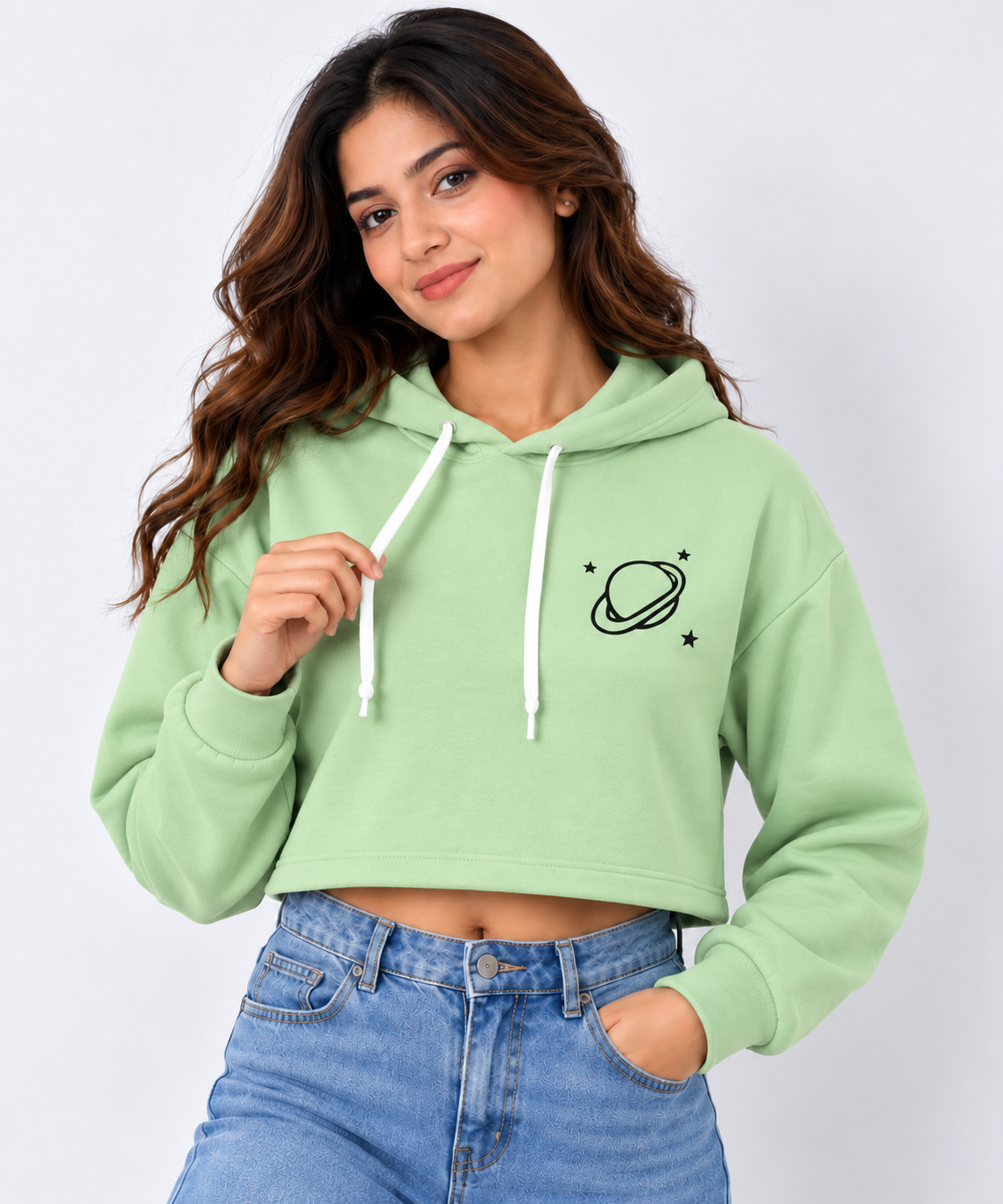 Planet Graphic Cropped Hoodie Pista