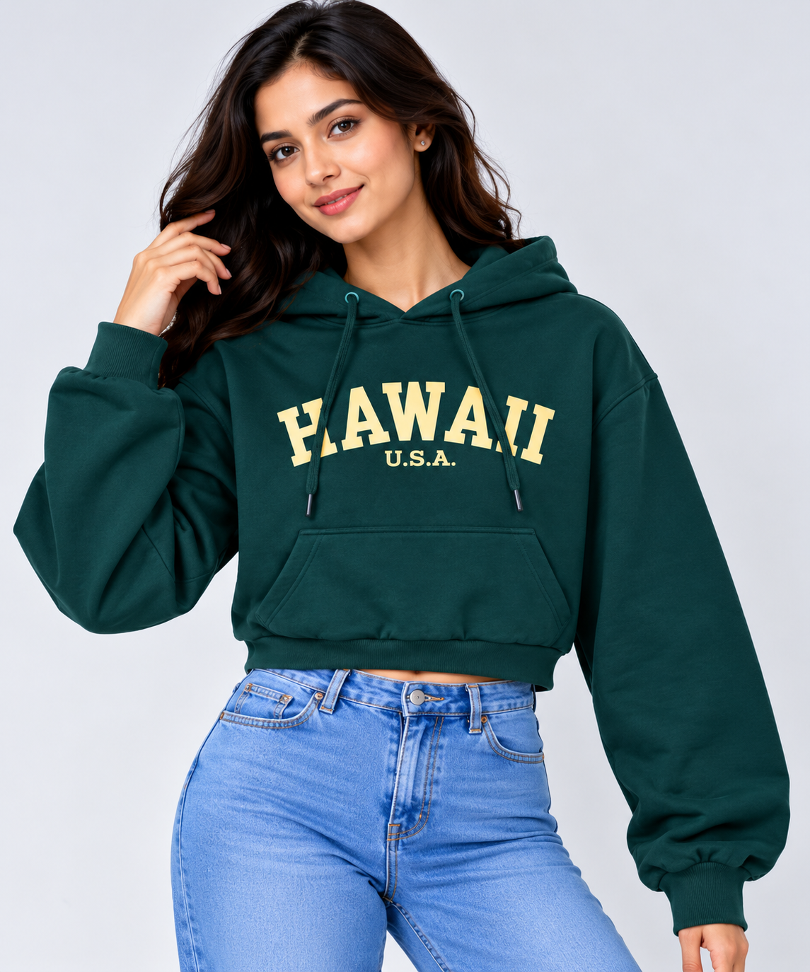 Hawaii Cropped Hoodie Bottle Green