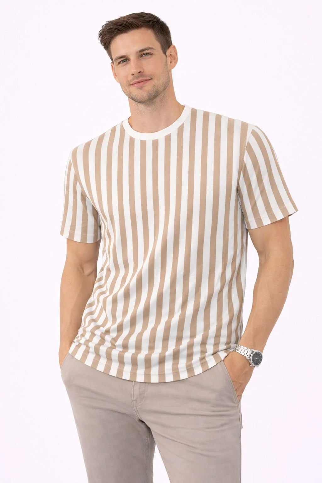 Monarch Pastel Strip Beige Tee