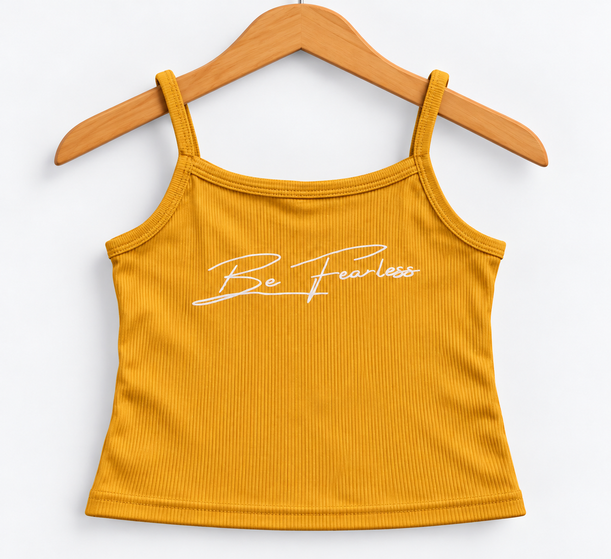 Ribbed “Be Fearless” Graphic Cami Top Mustard