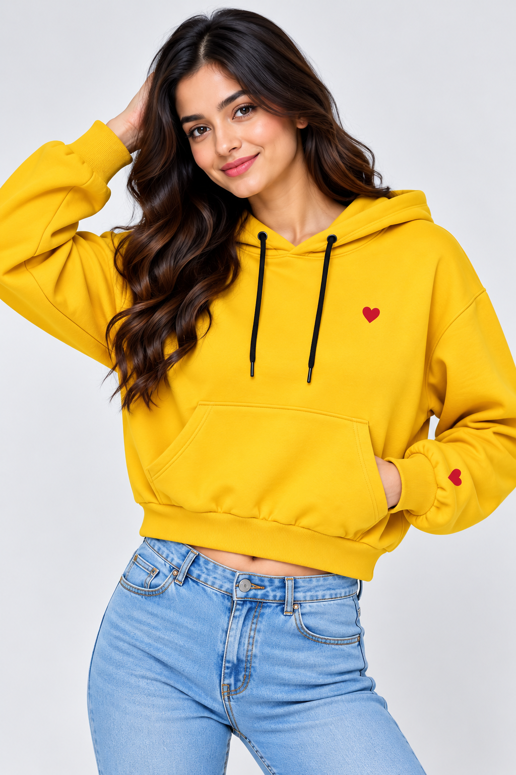 Heart Print Cropped Hoodie Yellow