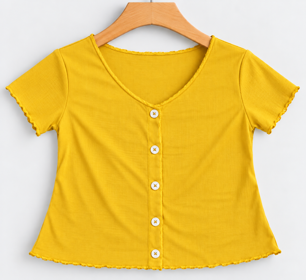 Ribbed Short-Sleeve Button-Front Top Yellow