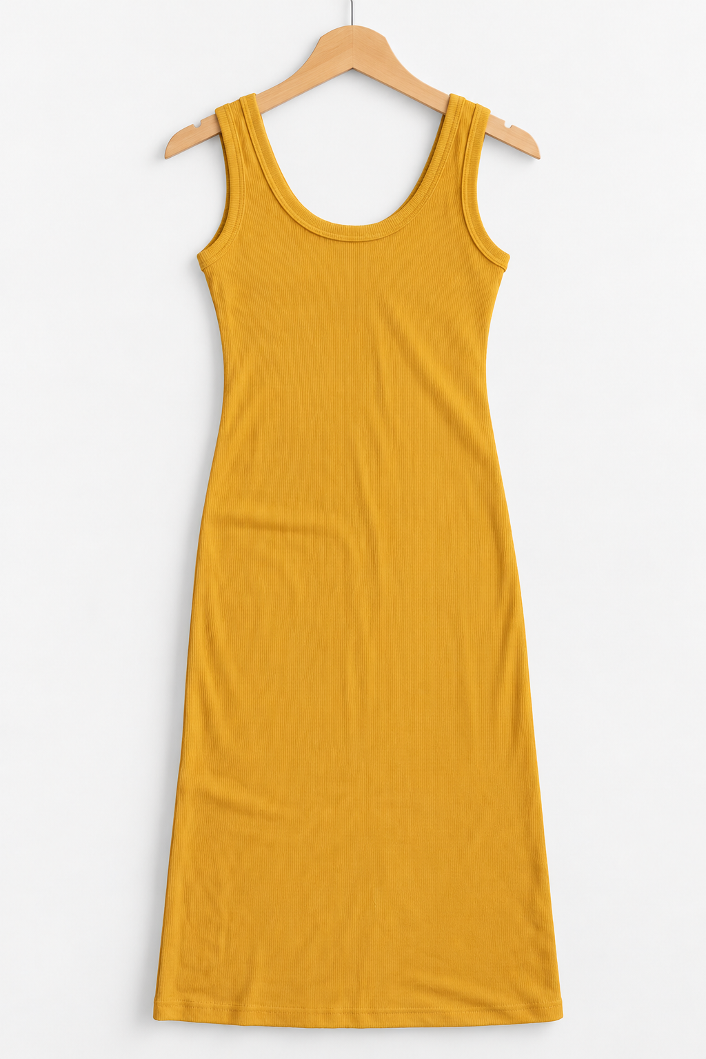 Round Neck Sleevess Ribbed Dress Mustard