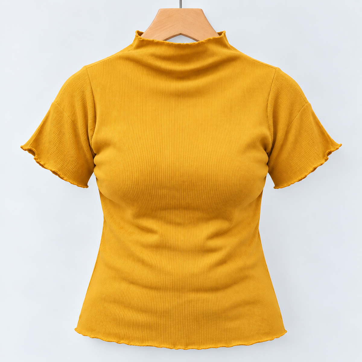 Ribbed Seamless High-Neck Short-Sleeve Top Mustard