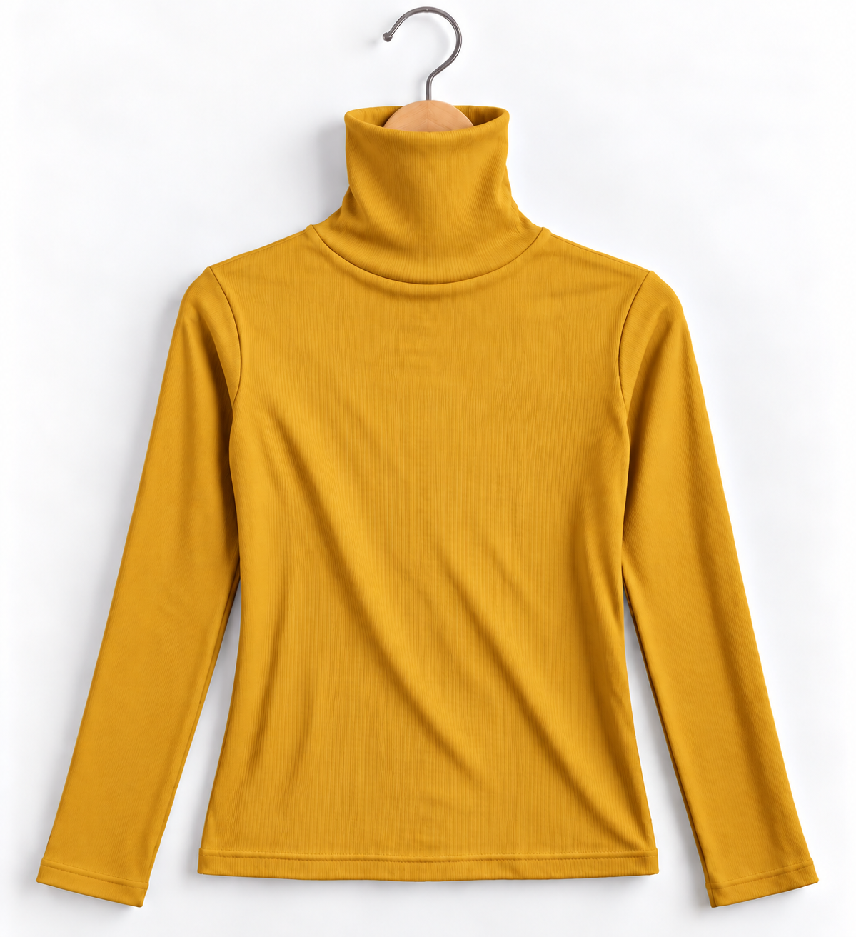 High Collar Full Sleeve Ribbed Top Mustard