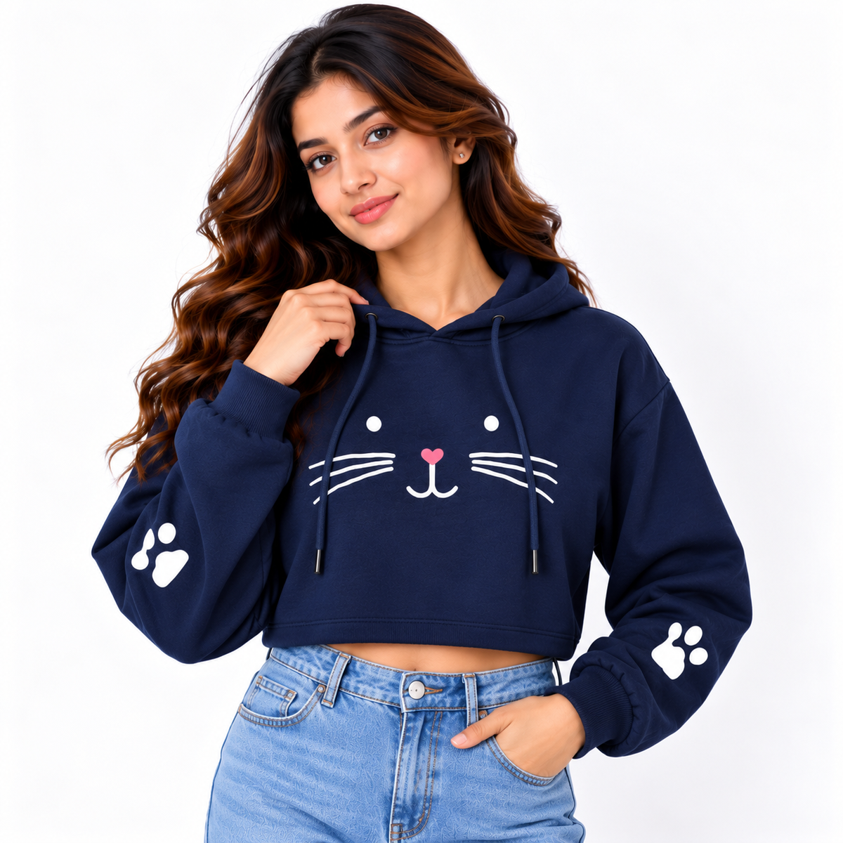 Cat Paw Print Cropped Hoodie Navy