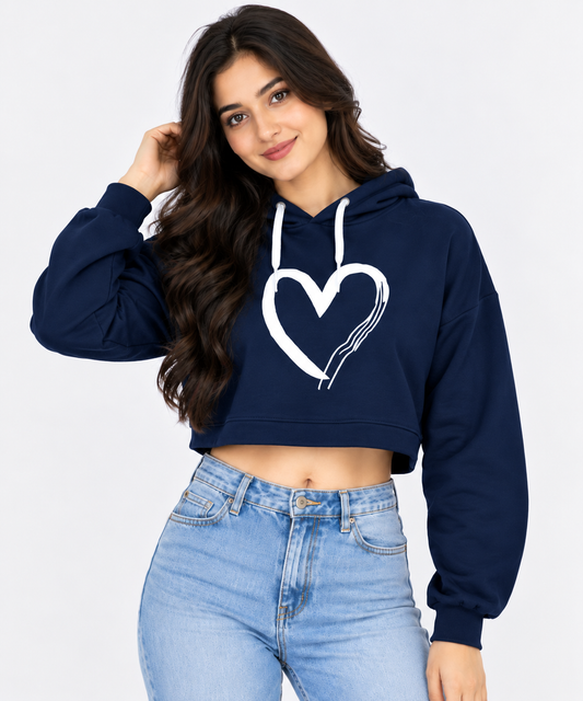 One Heart Cropped Hoodie Navy