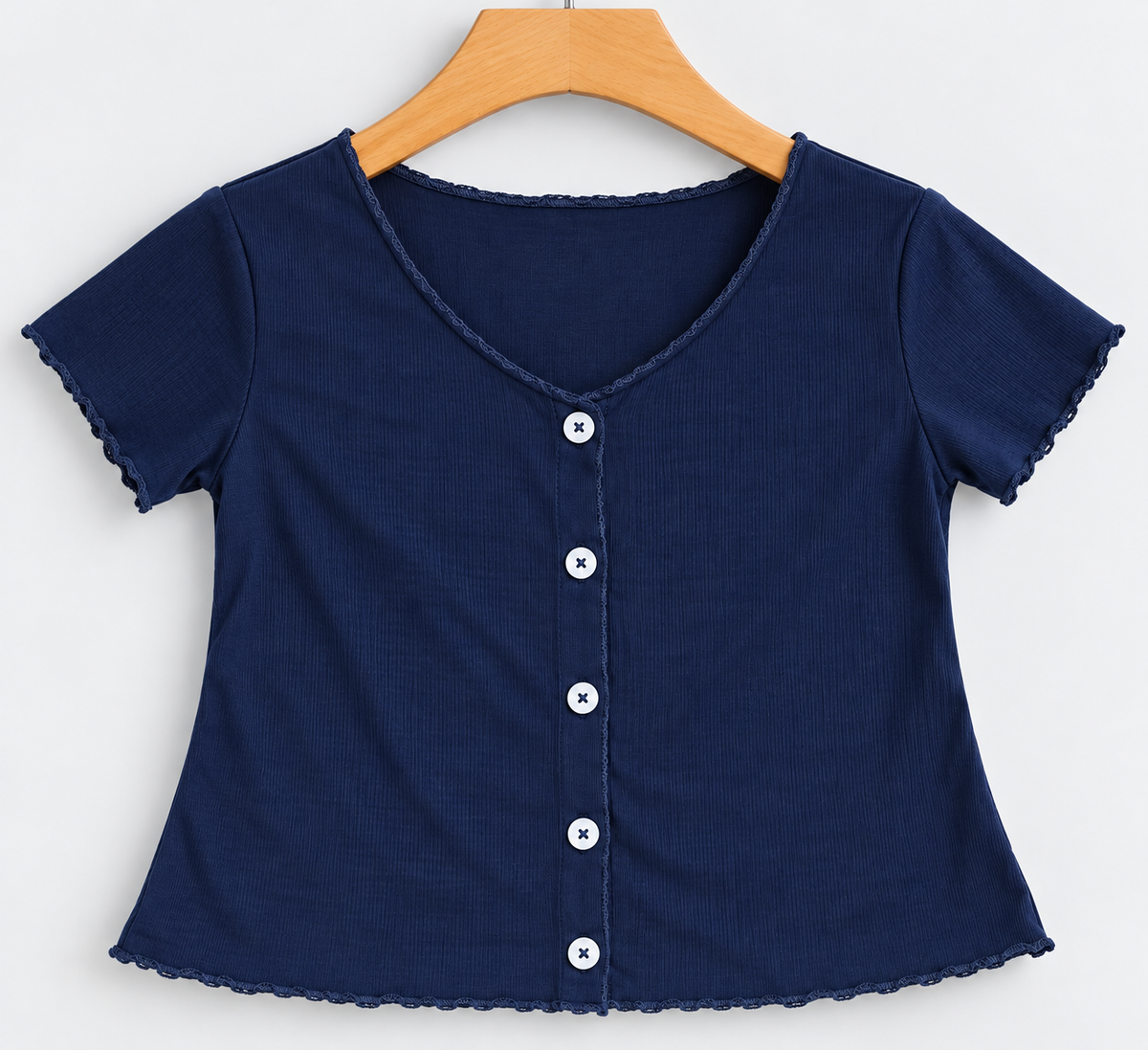 Ribbed Short-Sleeve Button-Front Top Navy