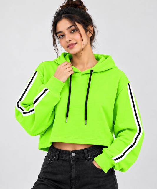 Sporty Striped Cropped Hoodie Neon