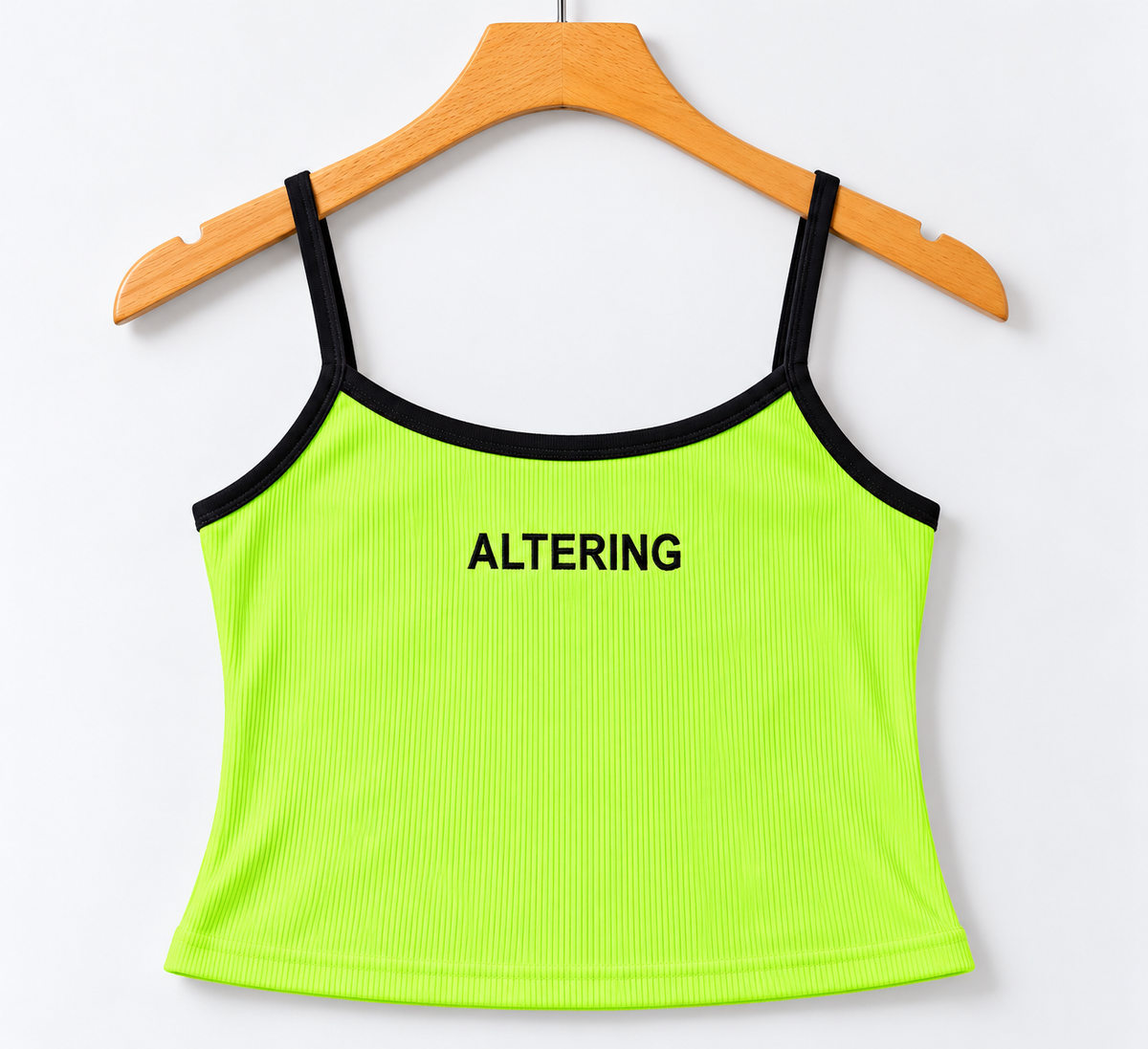Ribbed “Altering” Black-Trim Spaghetti Strap Cami Top Neon