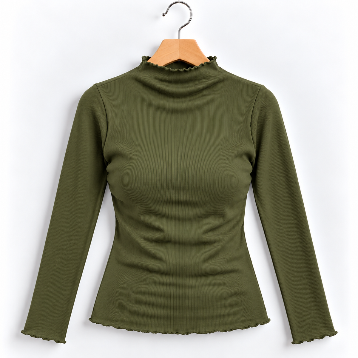Ribbed Seamless High-Neck Long-Sleeve Top Olive