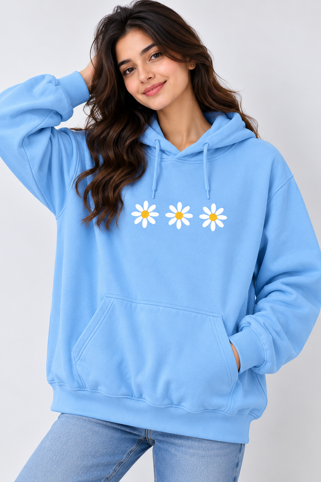 Three Daisy Flowers Oversized Hoodie Sky Blue
