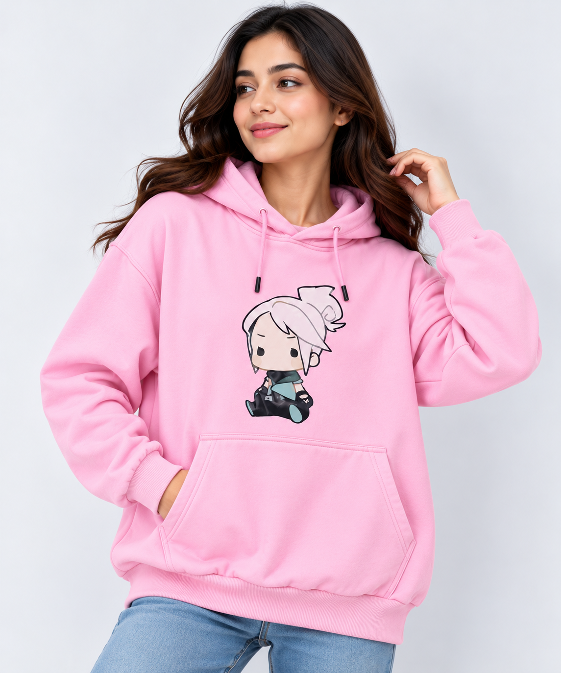Chibi Character Graphic Oversized Hoodie Pink