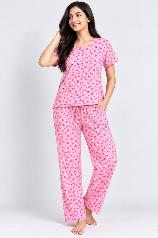 Floral Print Half-Sleeve Coord Set Pink