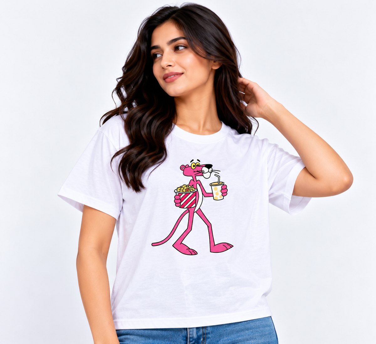 Drinking Pink Panther Crop T-Shirt White