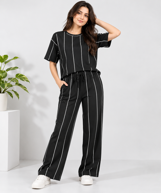 Stripe T-Shirt & Pajama Coord Set Black White
