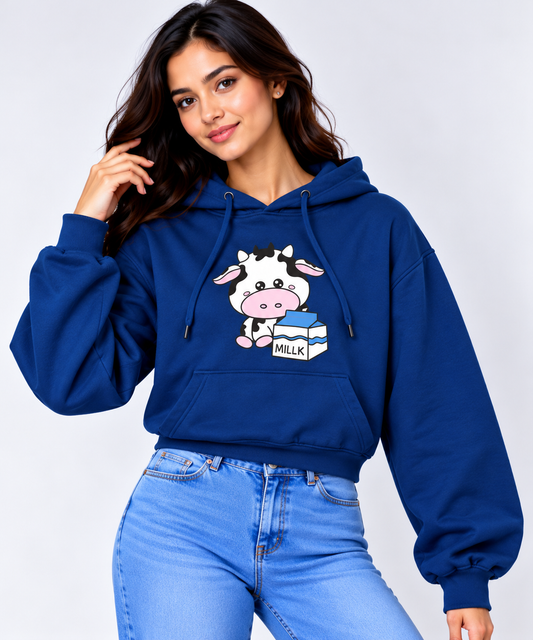 Cute Cow Printed Cropped Hoodie Blue