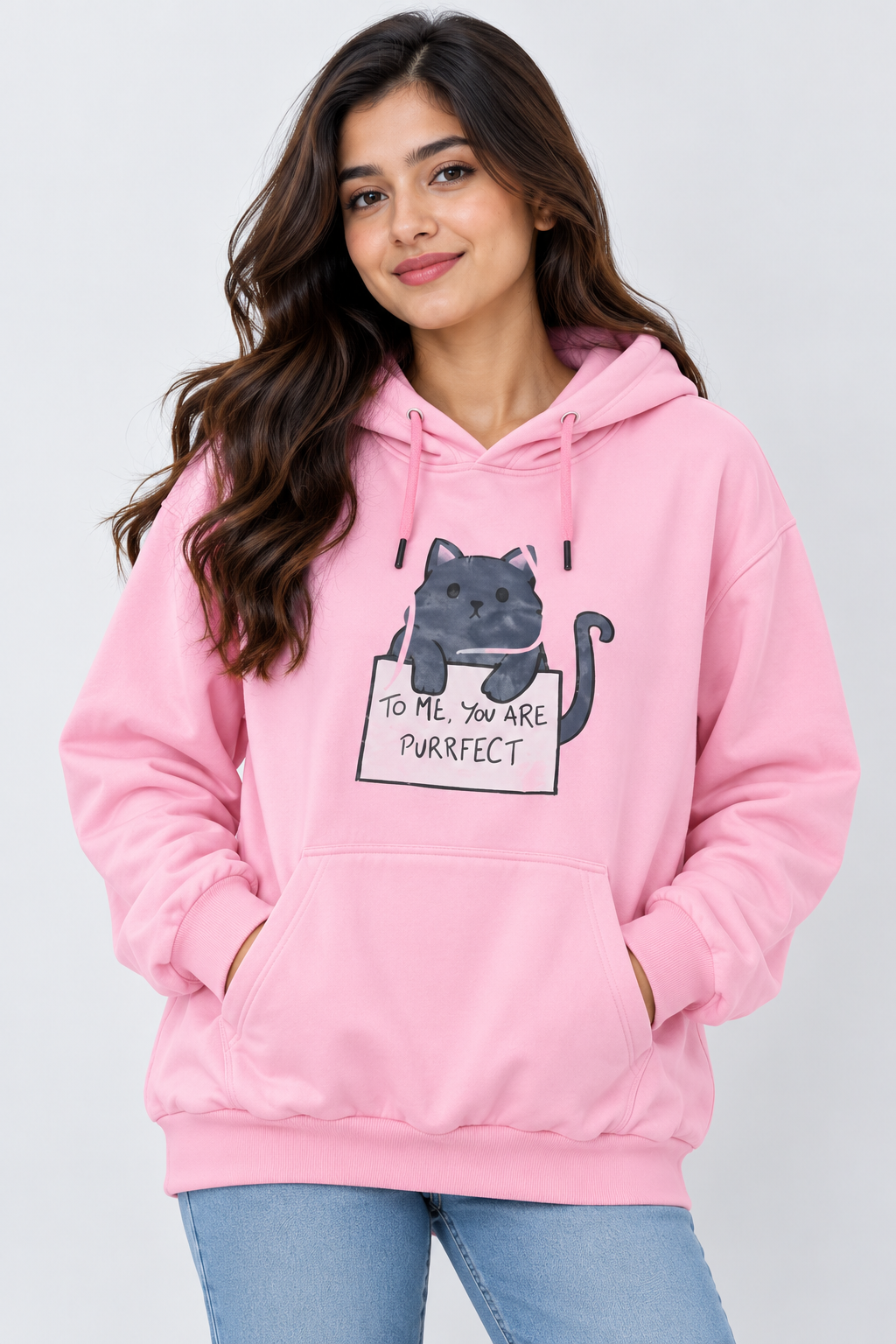 To Me, You Are Purrfect Cat Graphic Oversized Hoodie Pink