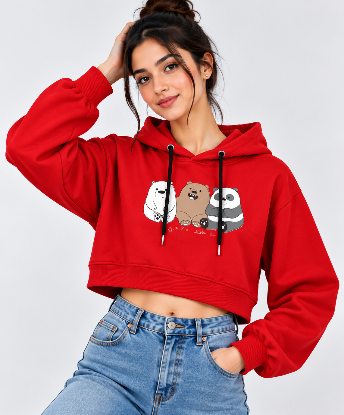 3 Bears Graphic Cropped Hoodie Red