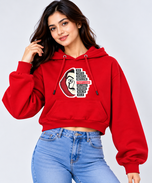 Mask Graphic Cropped Hoodie Red