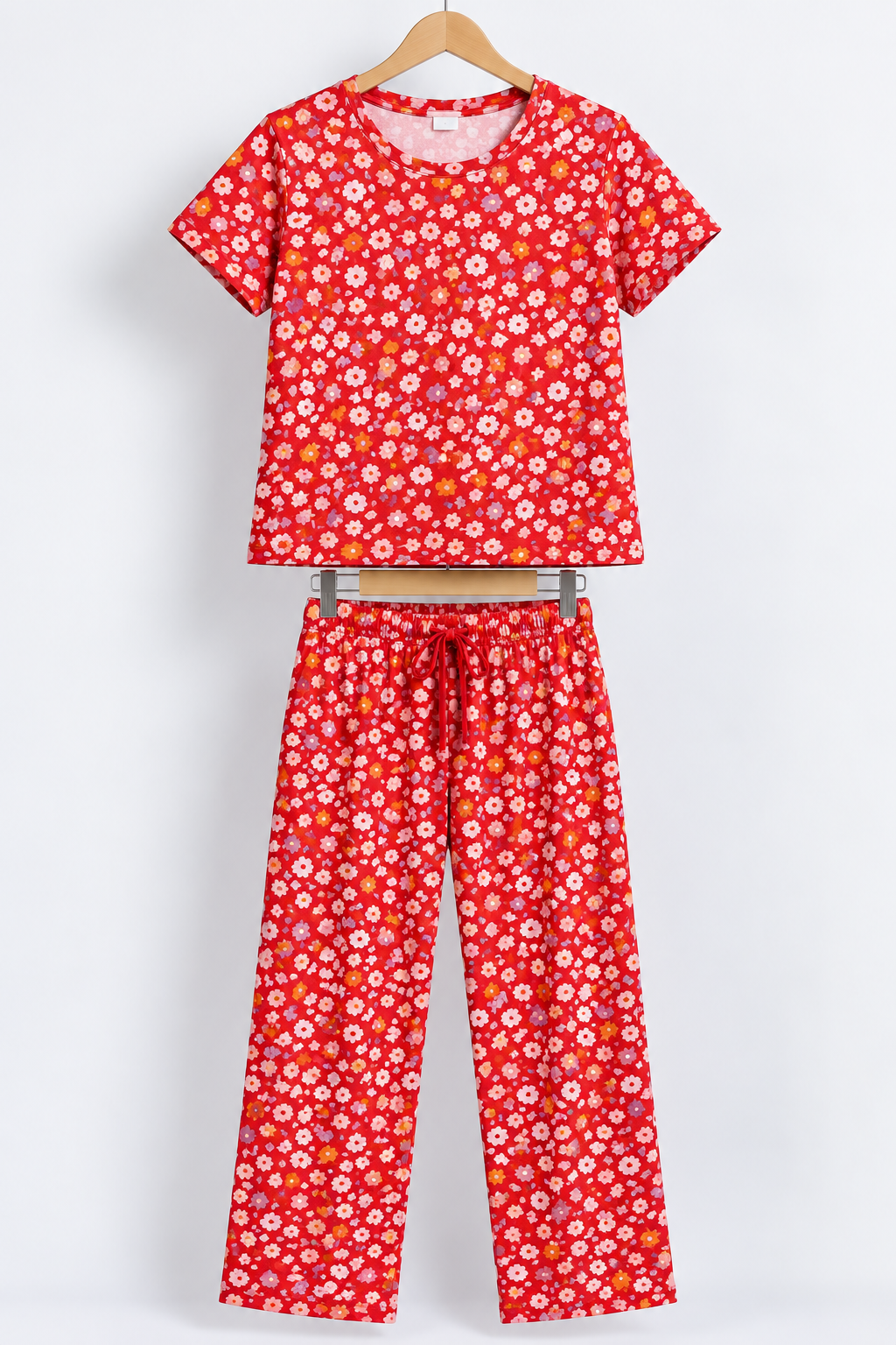 Multicolor Floral Print Half-Sleeve Coord Set Red