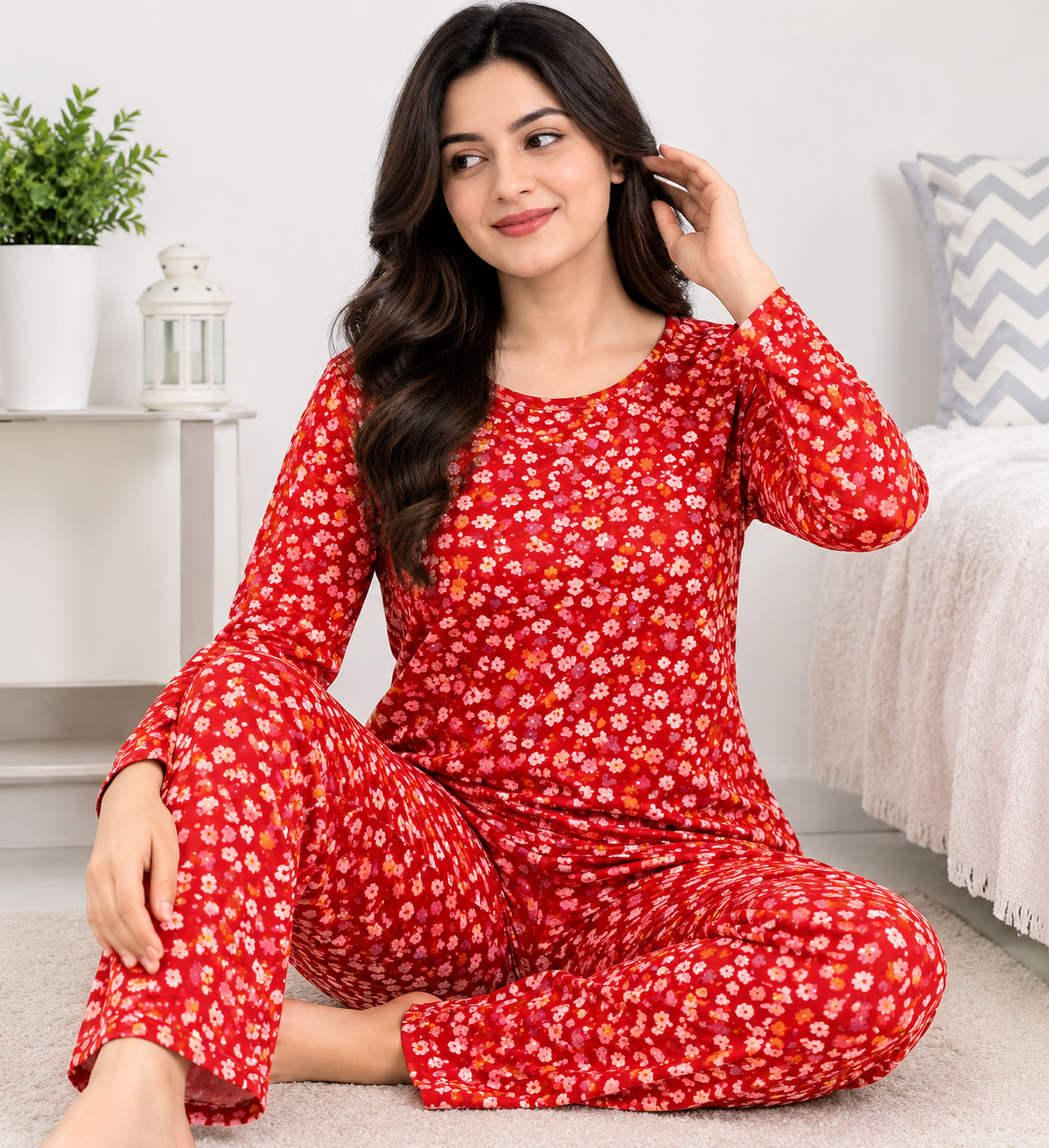 Floral Print Full-Sleeve Coord Set Red