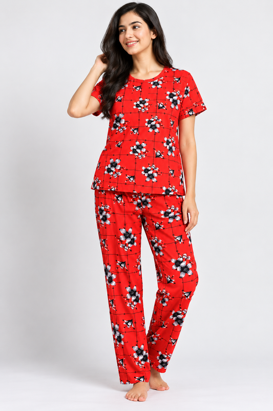 Floral Printed Half-Sleeve Coord Set Red