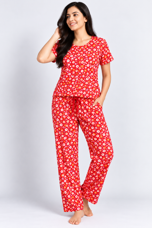 Multicolor Floral Print Half-Sleeve Coord Set Red