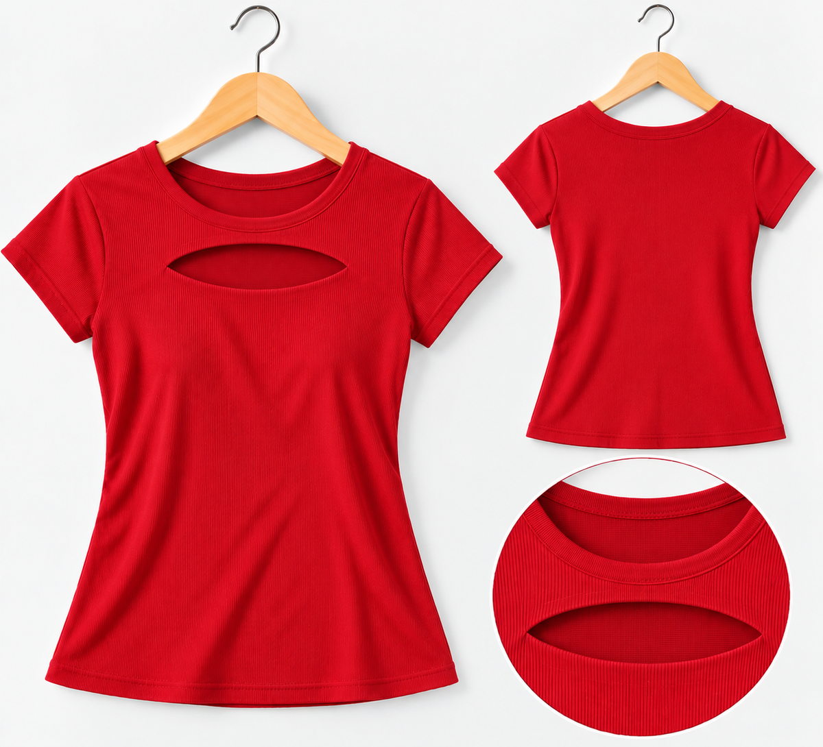 Ribbed Front Cut-Out Short-Sleeve Top Red