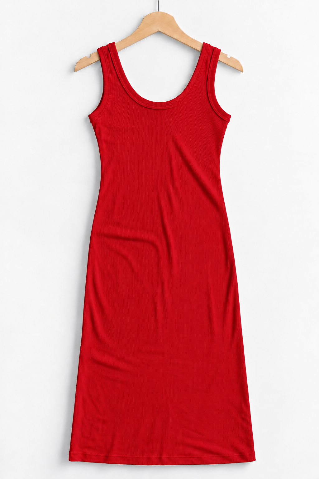 Round Neck Sleevess Ribbed Dress Red