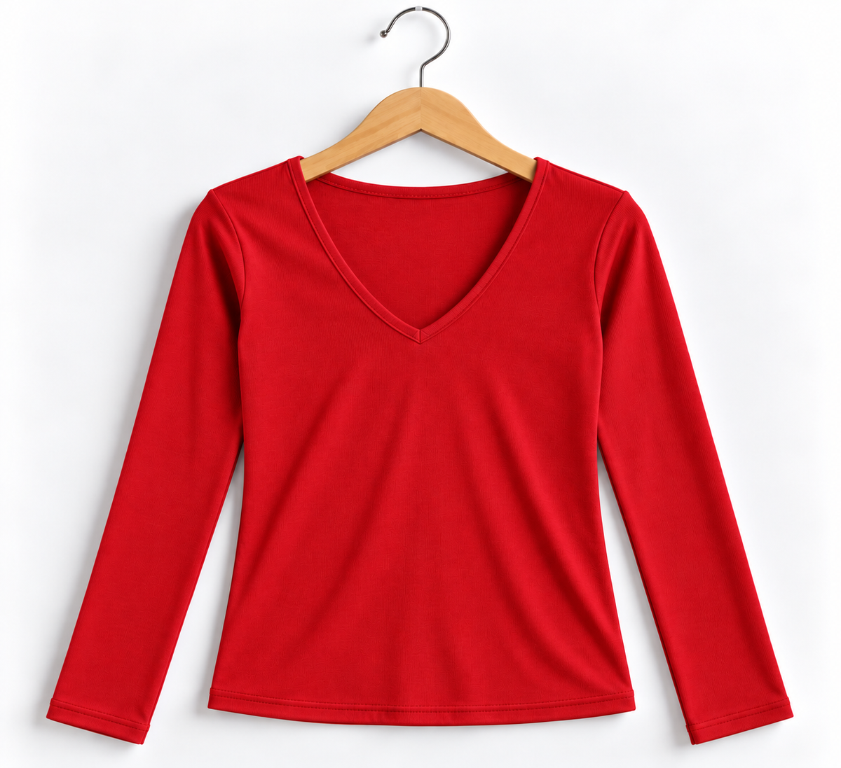 V- Neck Full Sleeve Ribbed Top Red