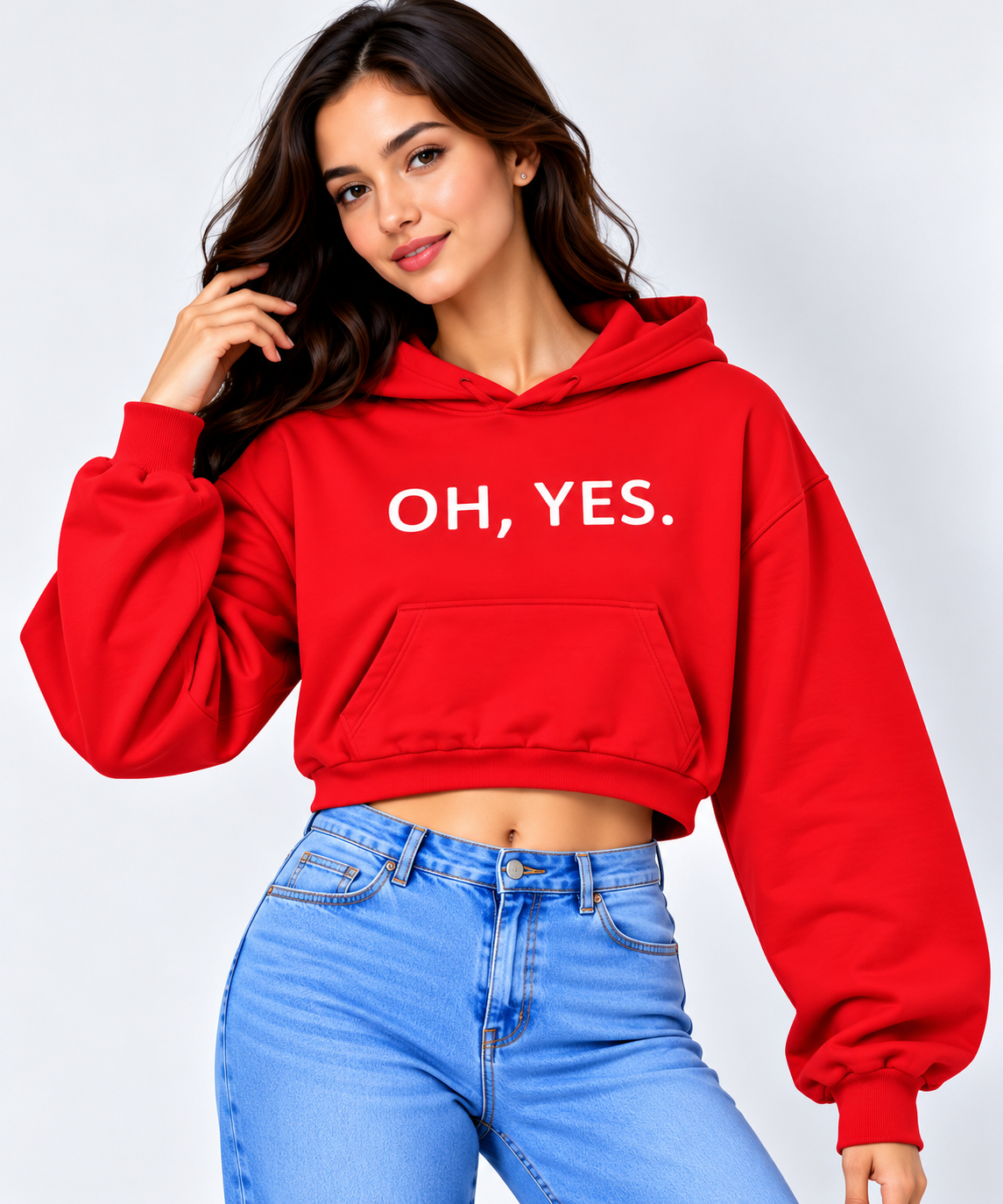 OH Yes Graphic Printed Cropped Hoodie Red