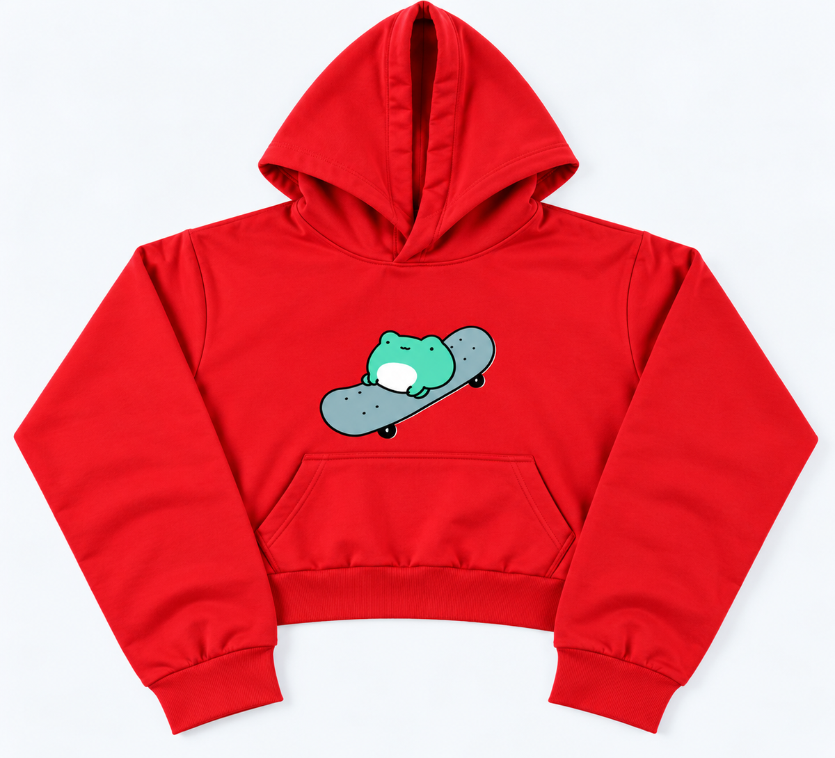 Cute Frog Skateboard Printed Cropped Hoodie Red