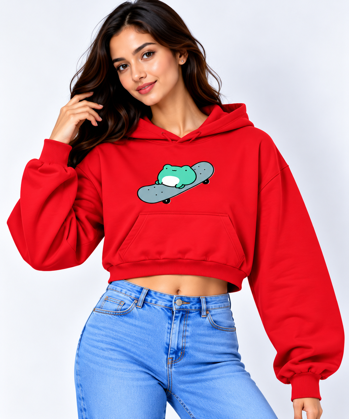 Cute Frog Skateboard Printed Cropped Hoodie Red
