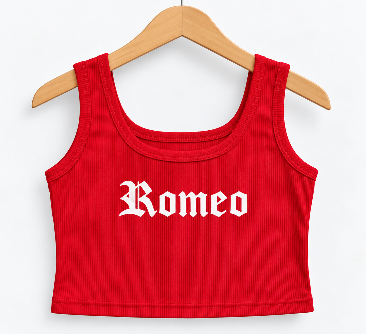 Ribbed “Romeo” Graphic Crop Tank Top Red