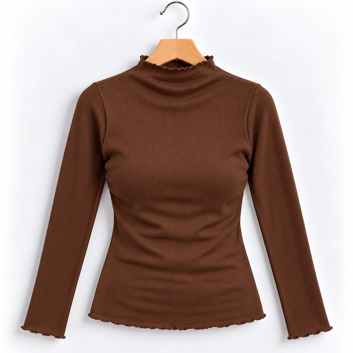 Ribbed Seamless High-Neck Long-Sleeve Top Brown