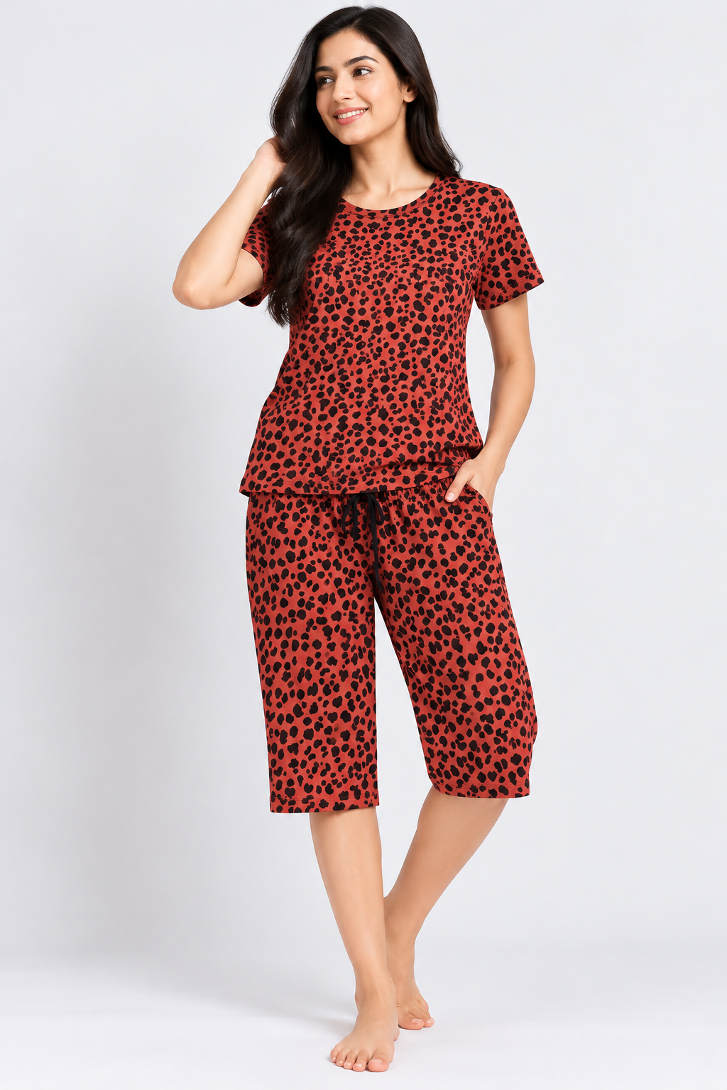 Leopard Print T-Shirt & Capri Coord Set Rust