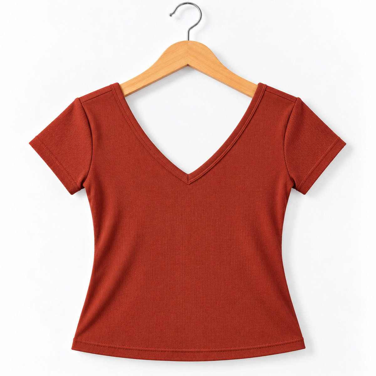 Ribbed Deep V-Neck Short-Sleeve Fitted Top Rust