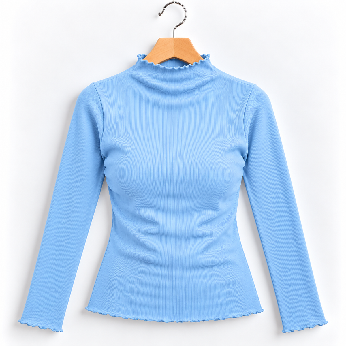 Ribbed Seamless High-Neck Long-Sleeve Top Sky Blue