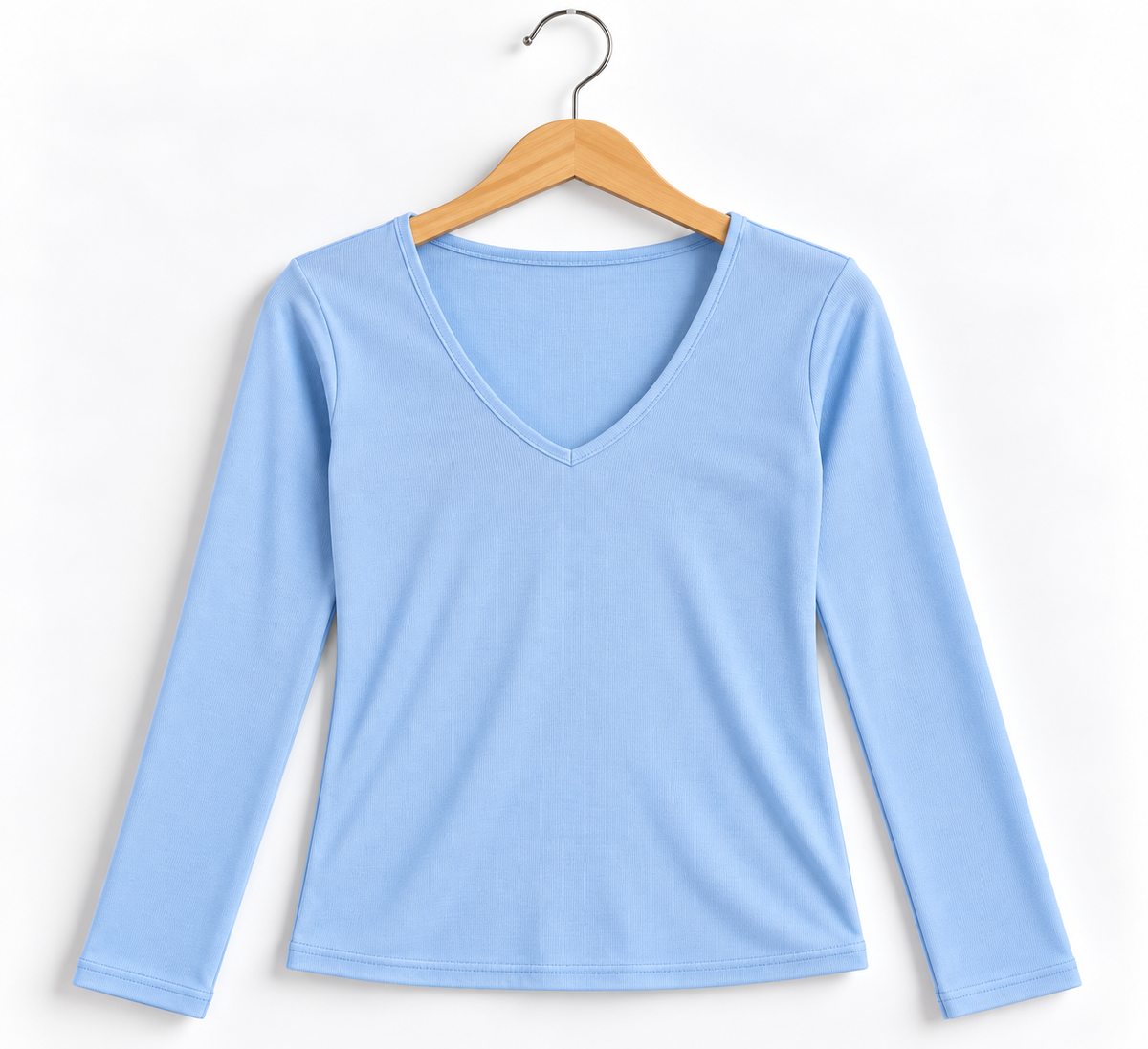 V- Neck Full Sleeve Ribbed Top Sky