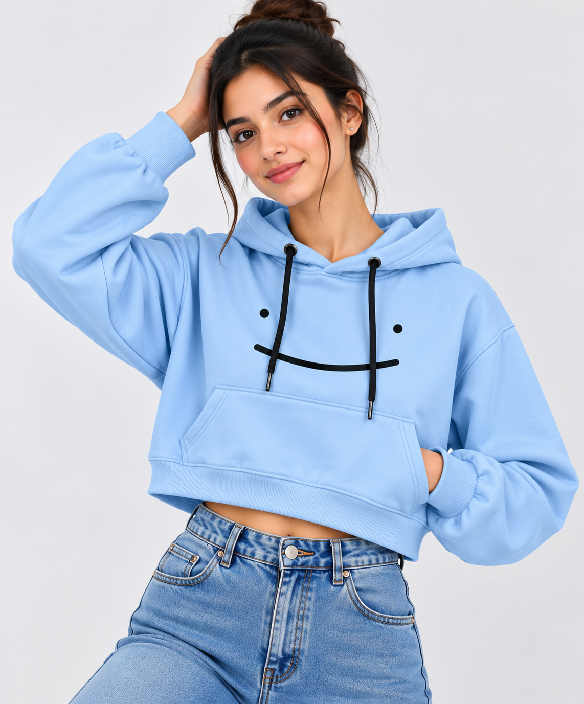 Smiley Face Cropped Hoodie Sky Blue