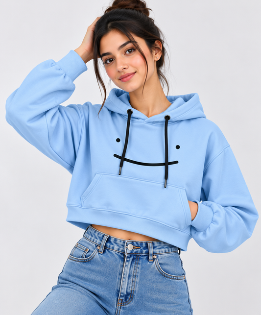 Smiley Face Cropped Hoodie Sky Blue