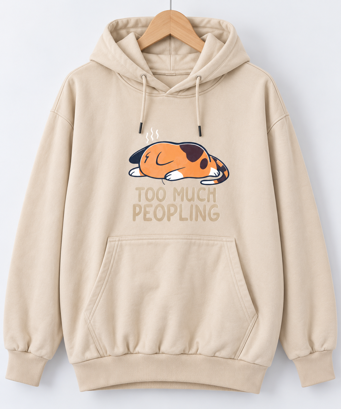Too Much Peopling Cat Graphic Oversized Hoodie Beige
