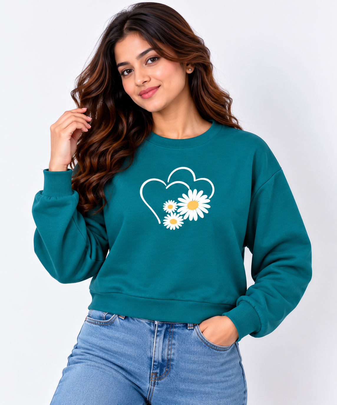 Floral Heart Print Sweatshirt Green