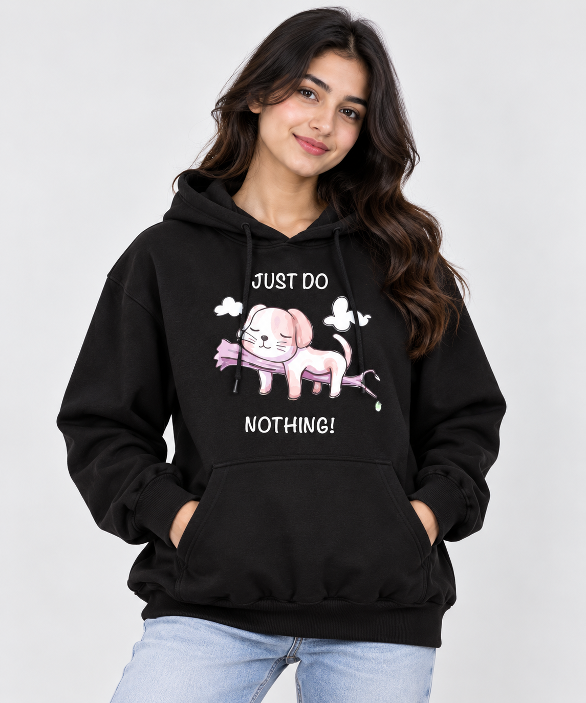 Just Do Nothing Puppy Graphic Hoodie Black