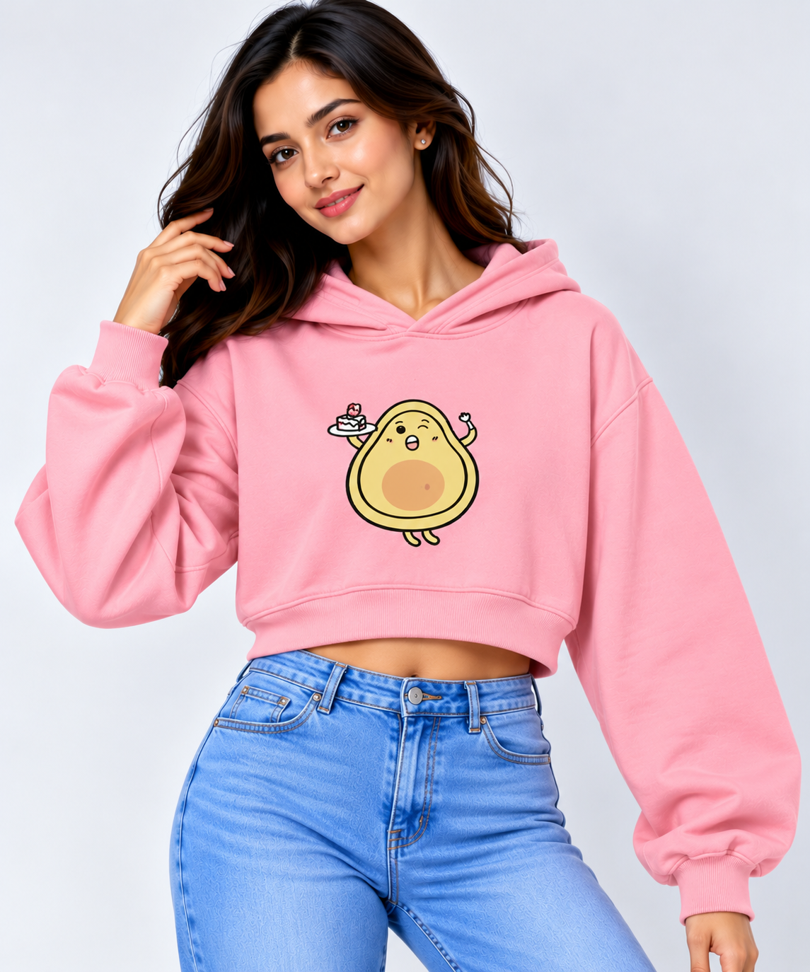 Dancing Avocado Printed Cropped Hoodie Pink