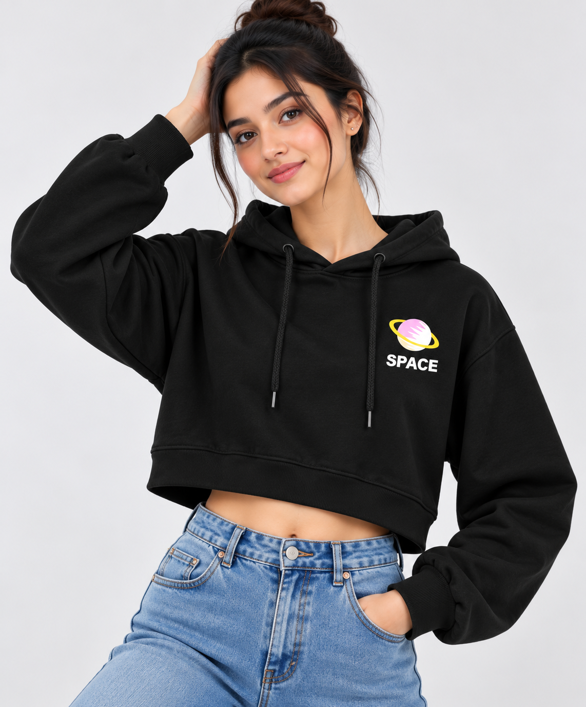 Space Graphic Cropped Hoodie Black
