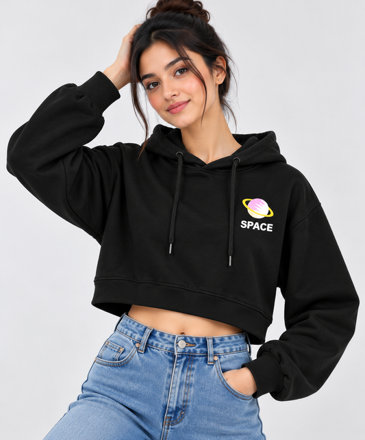 Space Graphic Cropped Hoodie Black