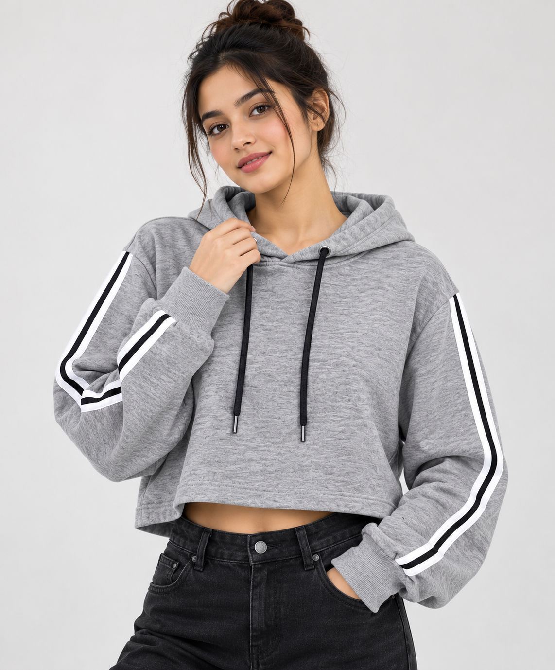 Sporty Striped Cropped Hoodie Grey